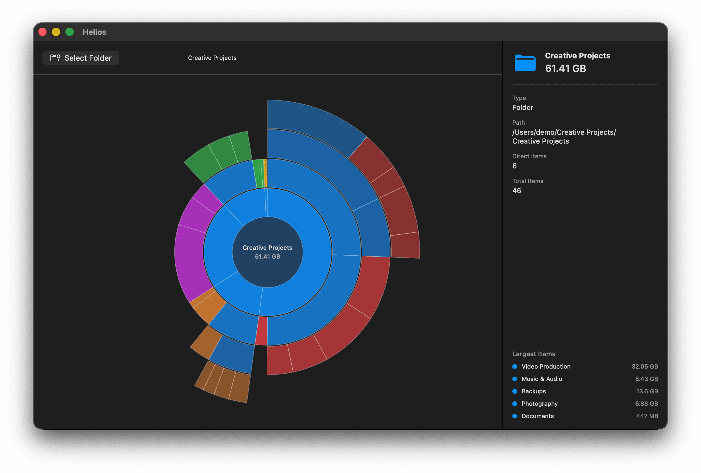 Helios-Disk disk space visualization showing a colorful sunburst chart