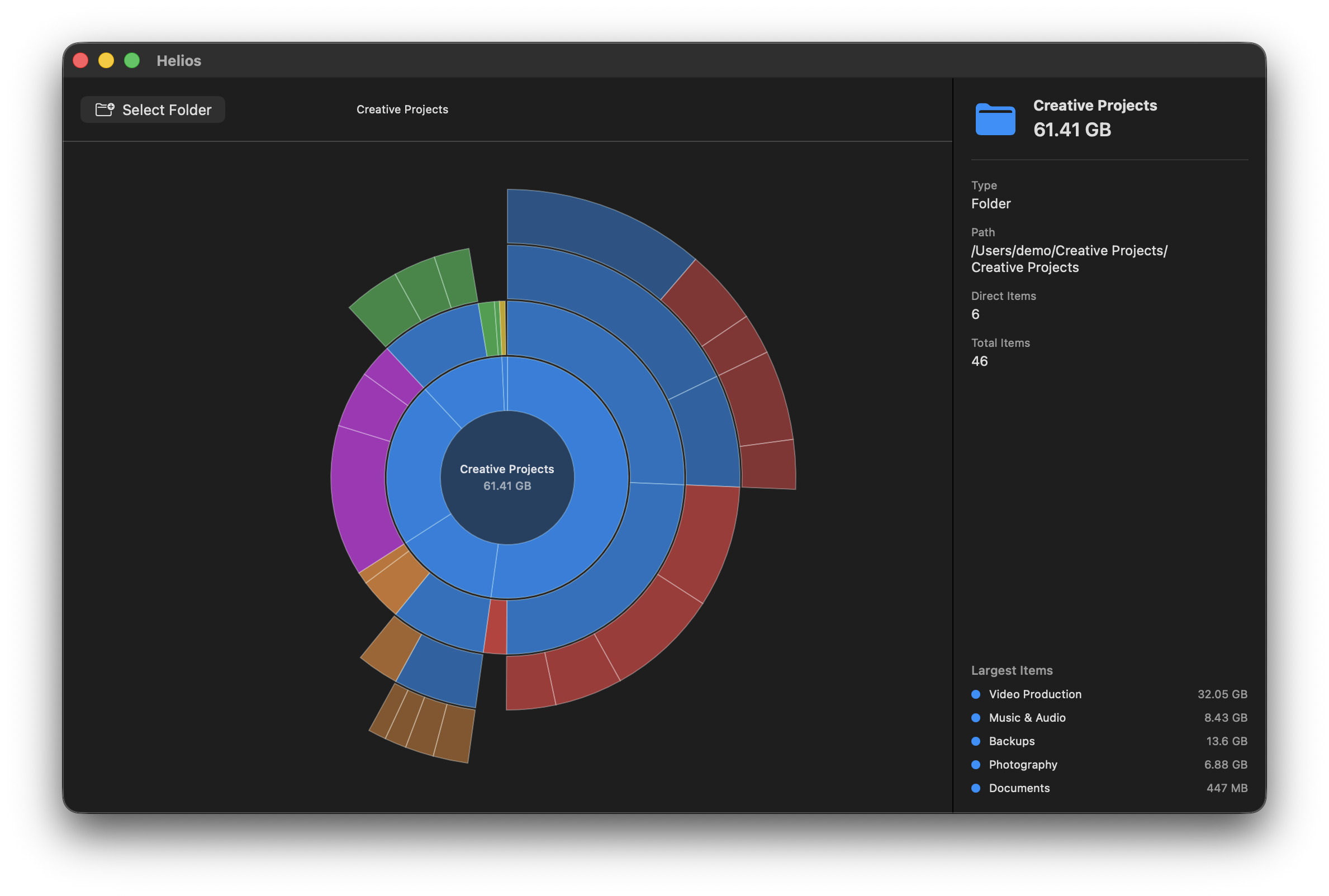 Helios disk space visualization showing a colorful sunburst chart